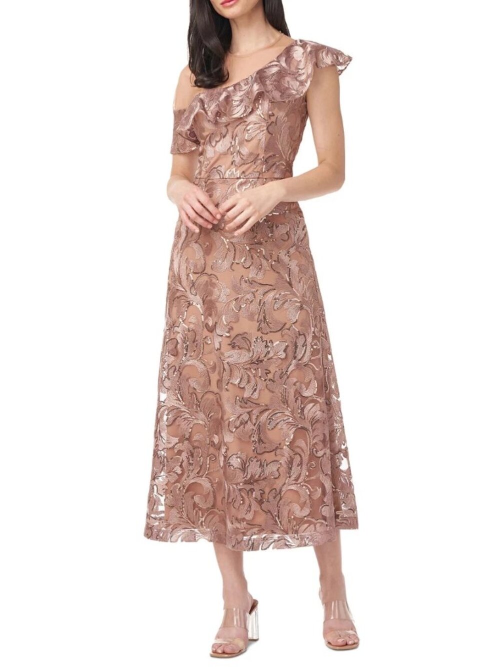 JS Collections Mink Taupe Floral Embroidered Sequin Midi Dress